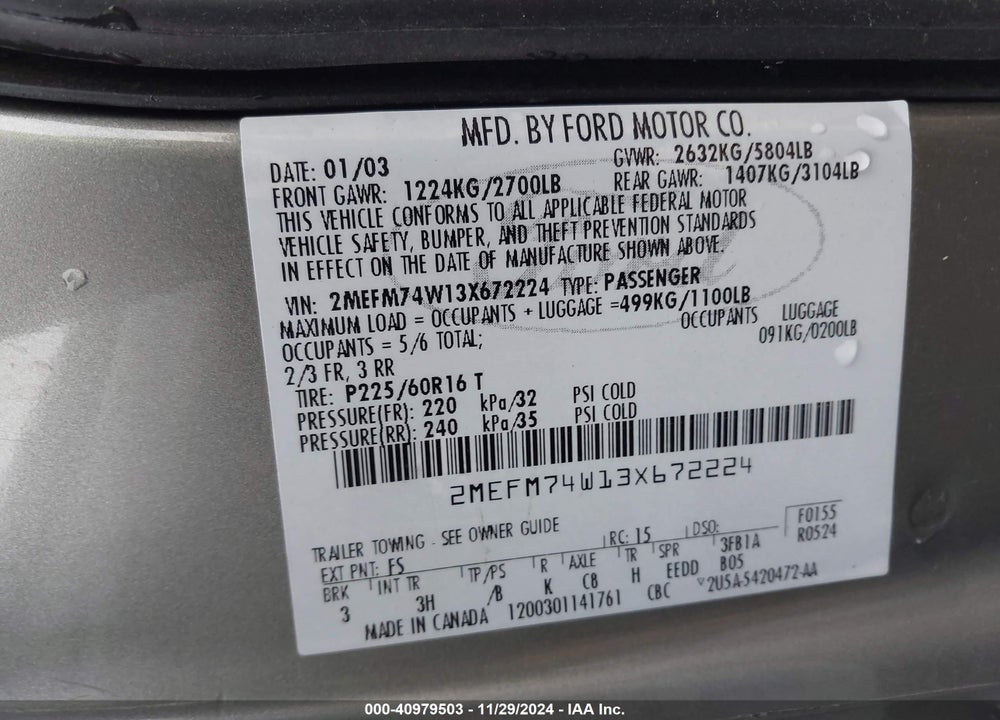 2003 MERCURY GRAND MARQUIS GS VIN: 2MEFM74W13X672224