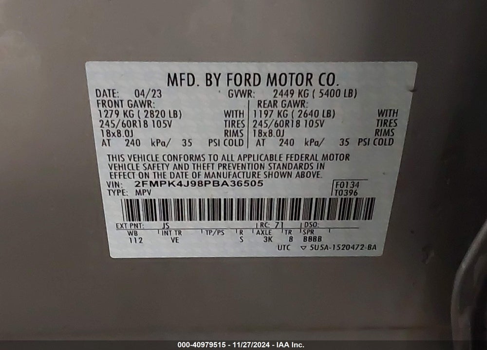 2023 FORD EDGE SEL VIN: 2FMPK4J98PBA36505