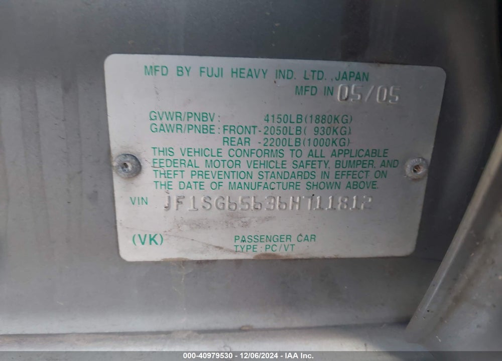 2006 SUBARU FORESTER 2.5X VIN: JF1SG65636H711812