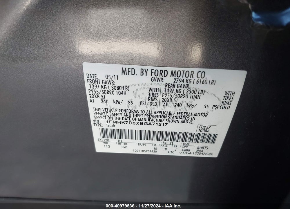 2011 FORD EXPLORER XLT VIN: 1FMHK7D8XBGA71217
