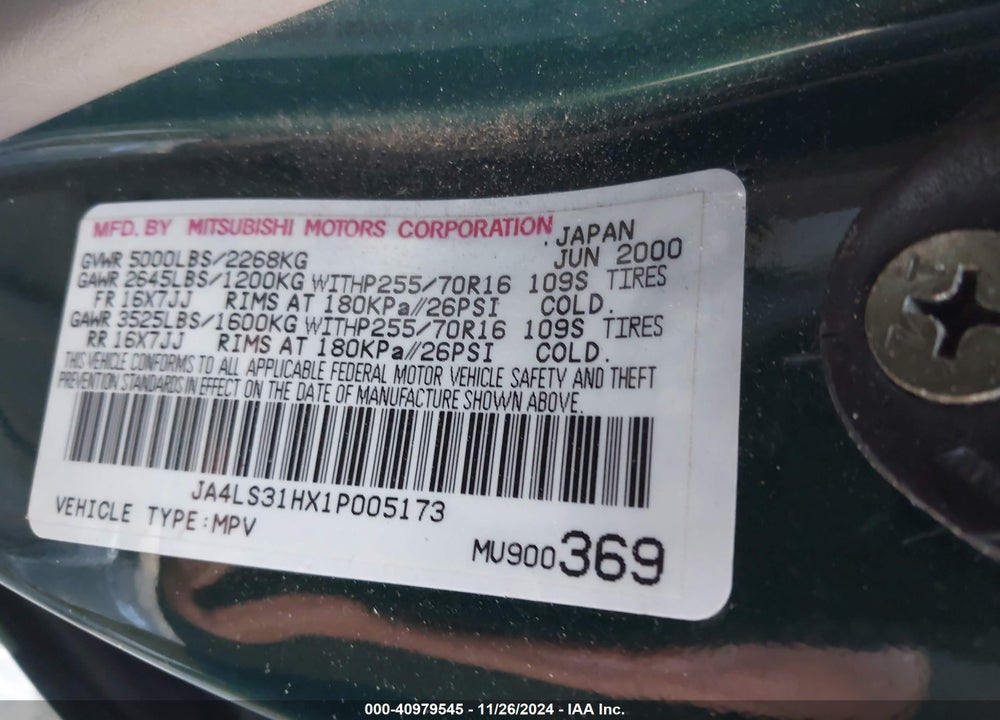 2001 MITSUBISHI MONTERO SPORT XLS VIN: JA4LS31HX1P005173