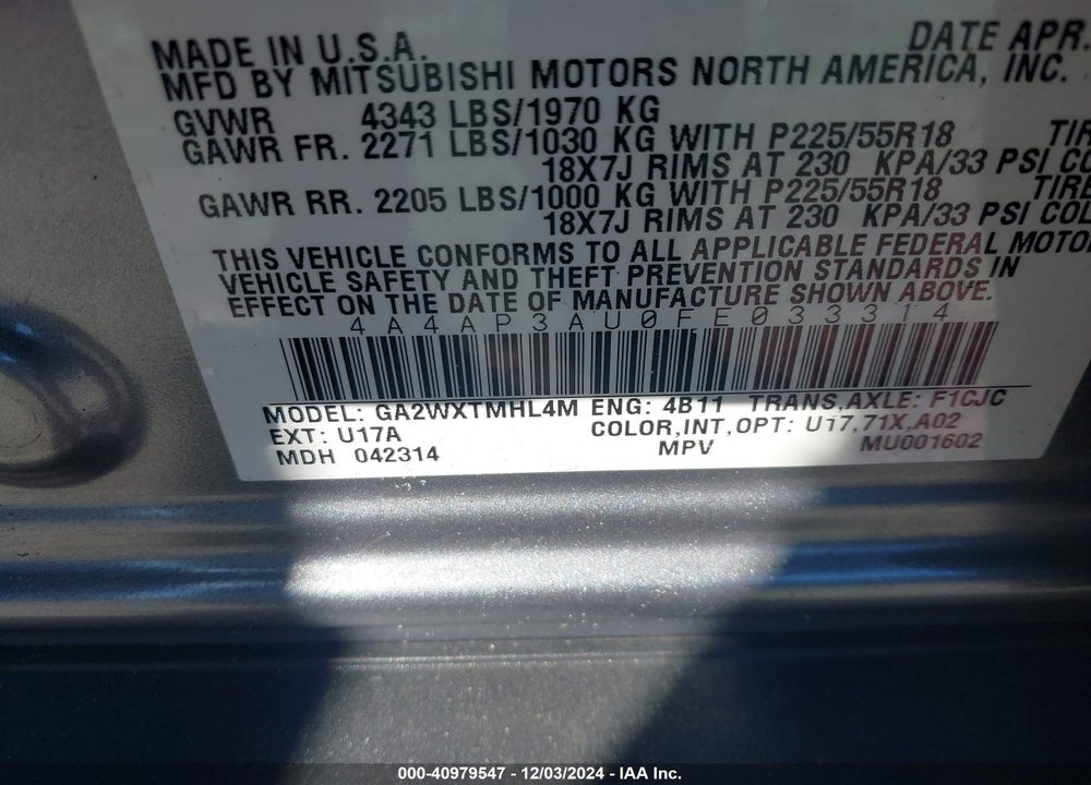 2015 MITSUBISHI OUTLANDER SPORT ES VIN: 4A4AP3AU0FE033314