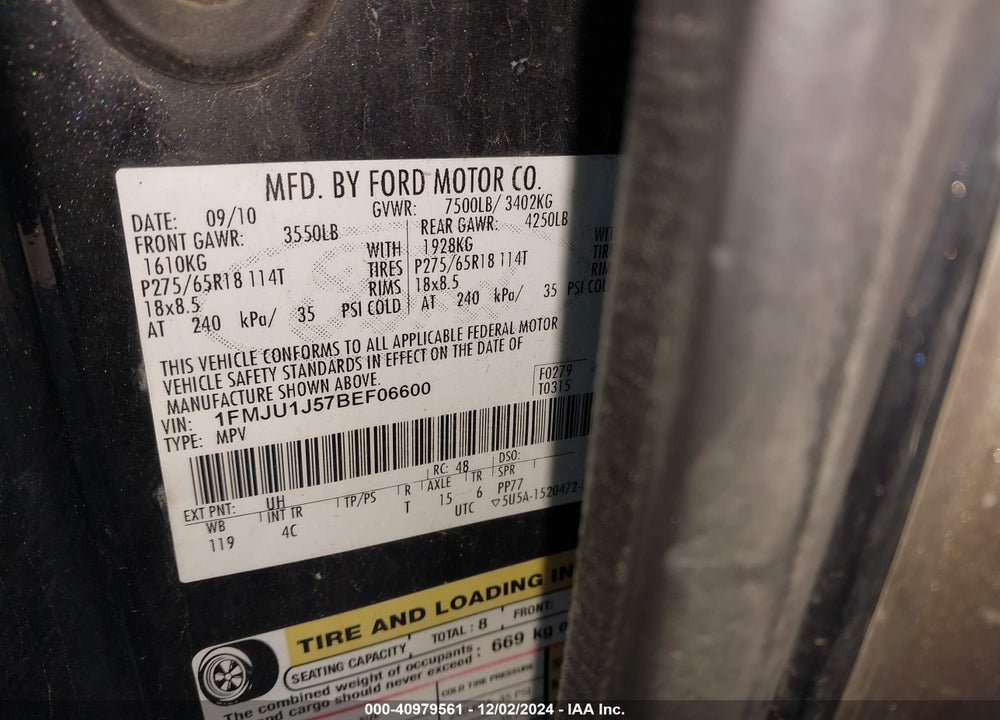 2011 FORD EXPEDITION XLT VIN: 1FMJU1J57BEF06600