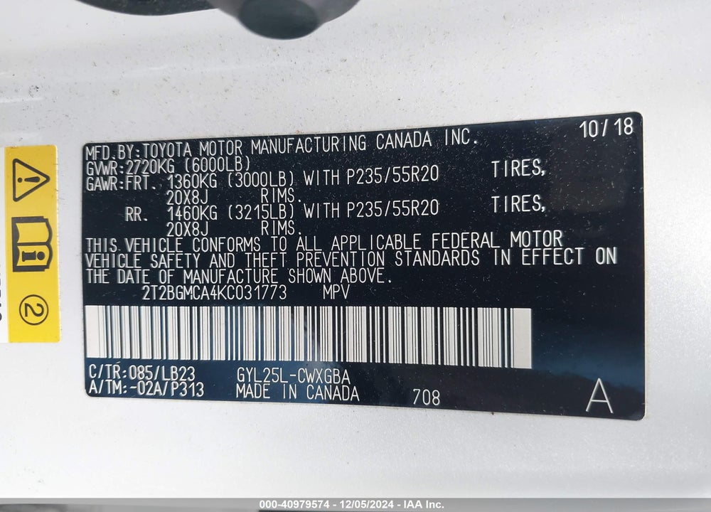 2019 LEXUS RX 450H VIN: 2T2BGMCA4KC031773