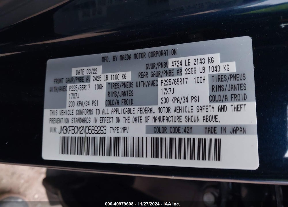 2022 MAZDA CX-5 2.5 S PREFERRED VIN: JM3KFBCM2N0589293