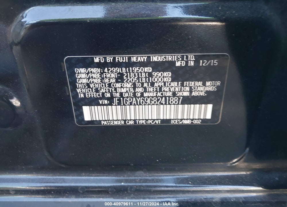 2016 SUBARU IMPREZA 2.0I SPORT LIMITED VIN: JF1GPAY69G8241887