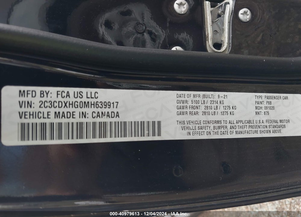 2021 DODGE CHARGER VIN: 2C3CDXHG0MH639917