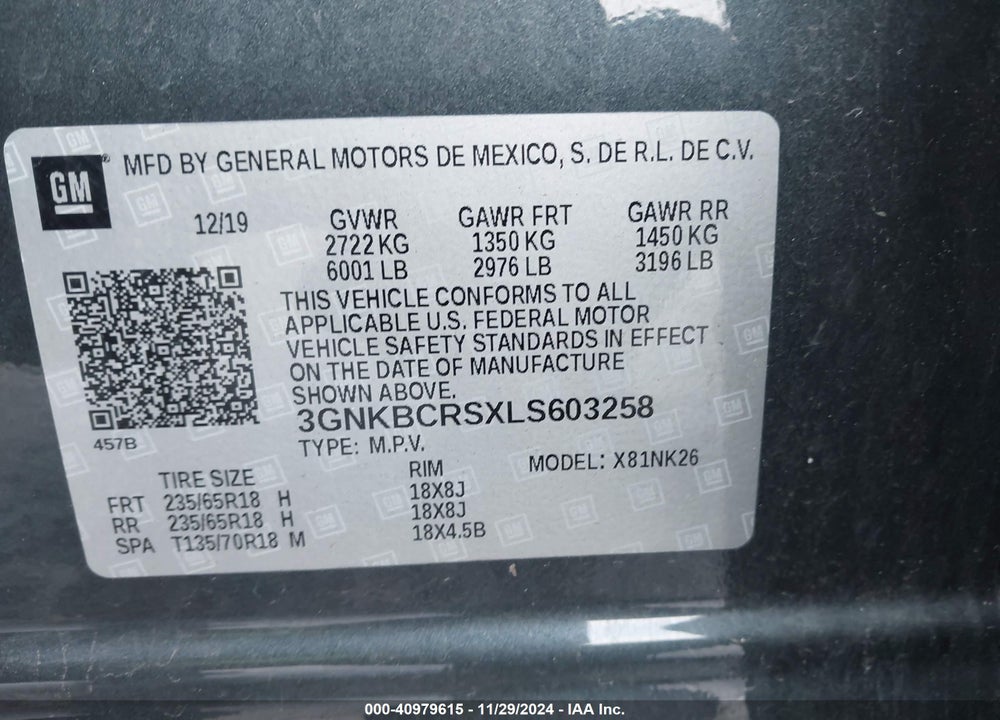 2020 CHEVROLET BLAZER FWD 2LT VIN: 3GNKBCRSXLS603258