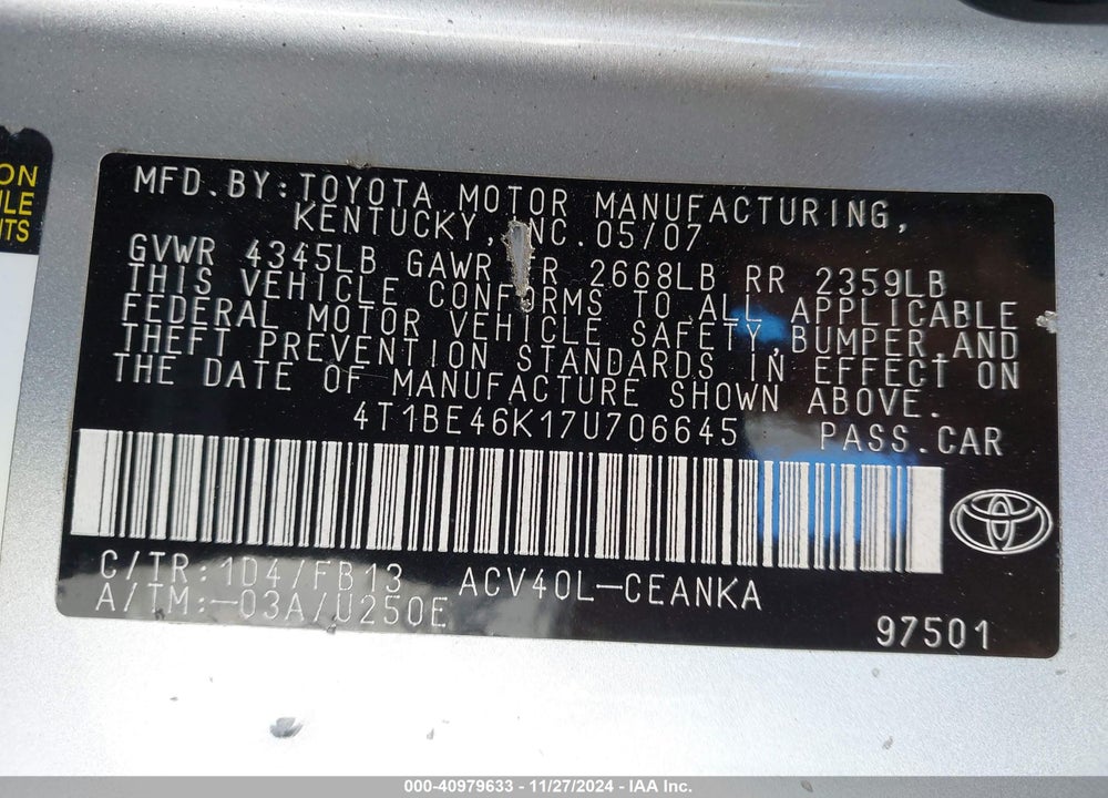 2007 TOYOTA CAMRY LE VIN: 4T1BE46K17U706645