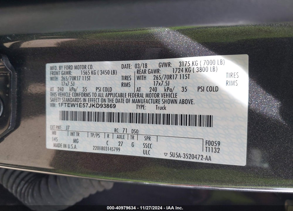 2018 FORD F-150 XLT VIN: 1FTEW1E57JKD93869