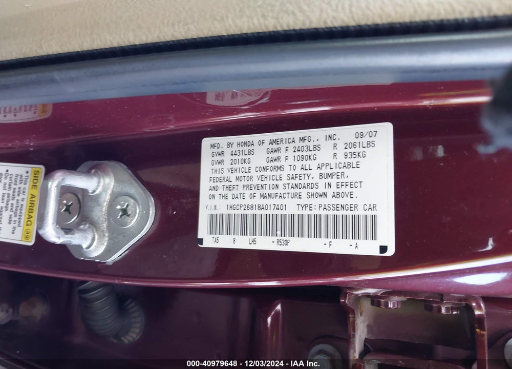 2008 HONDA ACCORD 2.4 EX-L VIN: 1HGCP26818A017401