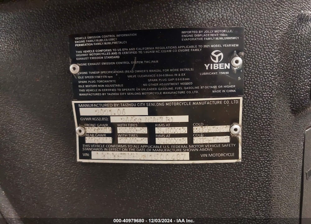 2021 YIBEN 15 SERIES VIN: LYDYFTKH9M1500487