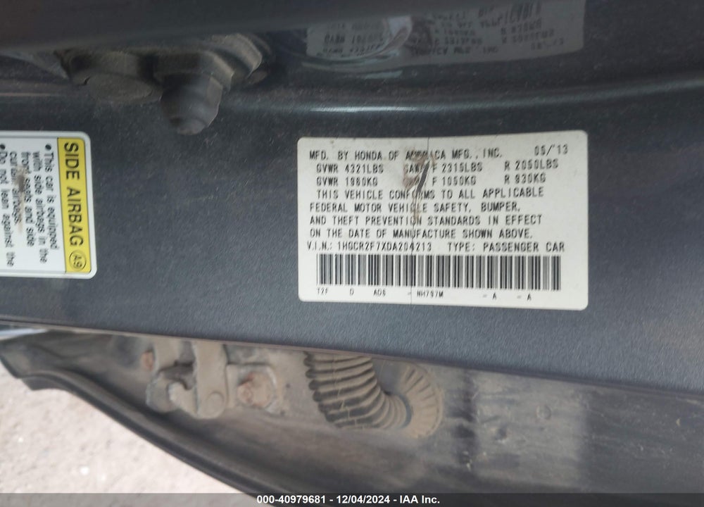 2013 HONDA ACCORD EX VIN: 1HGCR2F7XDA204213