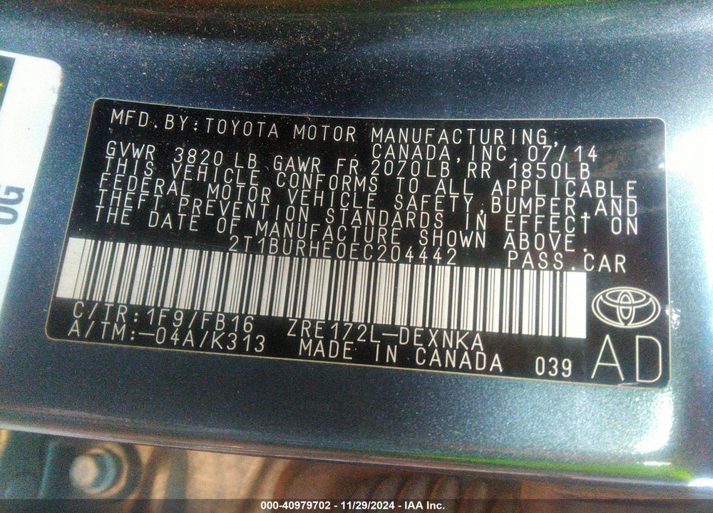 2014 TOYOTA COROLLA LE VIN: 2T1BURHE0EC204442