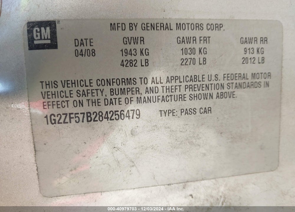 2008 PONTIAC G6 VALUE LEADER VIN: 1G2ZF57B284256479
