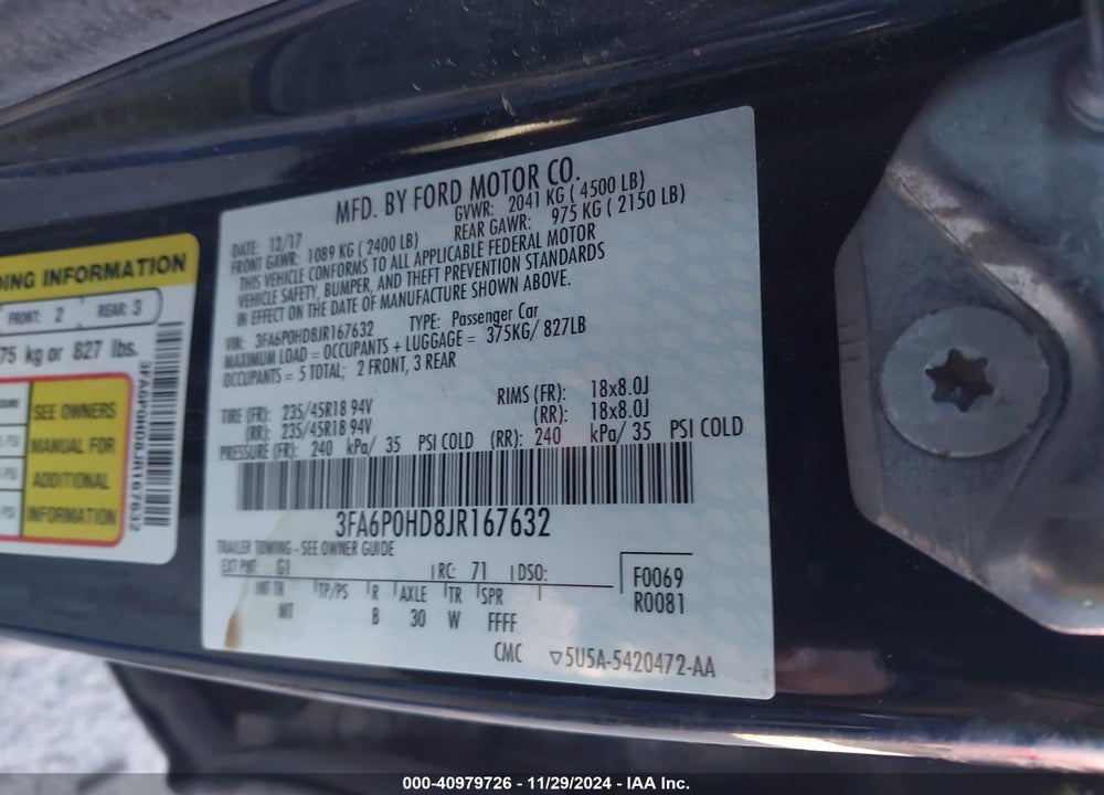 2018 FORD FUSION SE VIN: 3FA6P0HD8JR167632