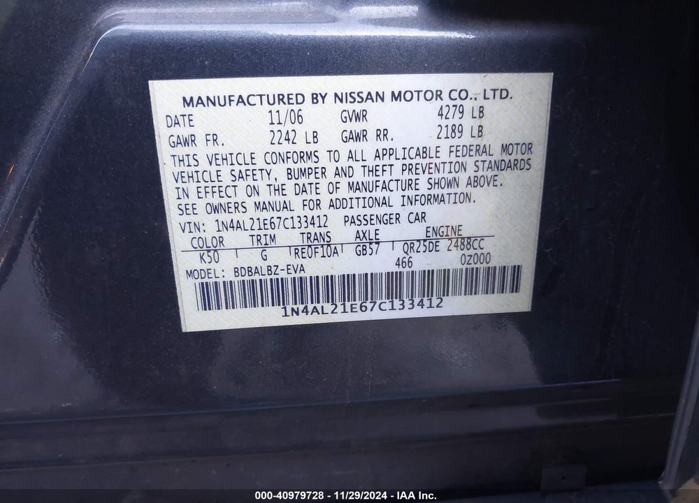 2007 NISSAN ALTIMA 2.5 S VIN: 1N4AL21E67C133412