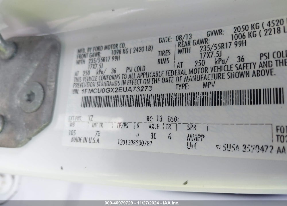 2014 FORD ESCAPE SE VIN: 1FMCU0GX2EUA73273