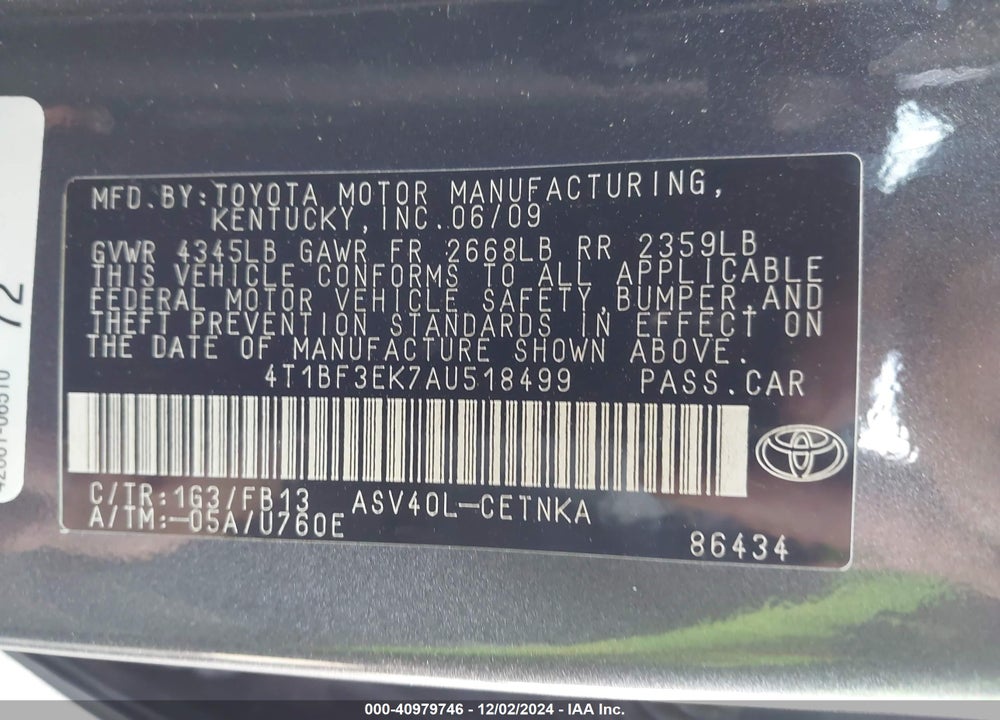 2010 TOYOTA CAMRY LE VIN: 4T1BF3EK7AU518499