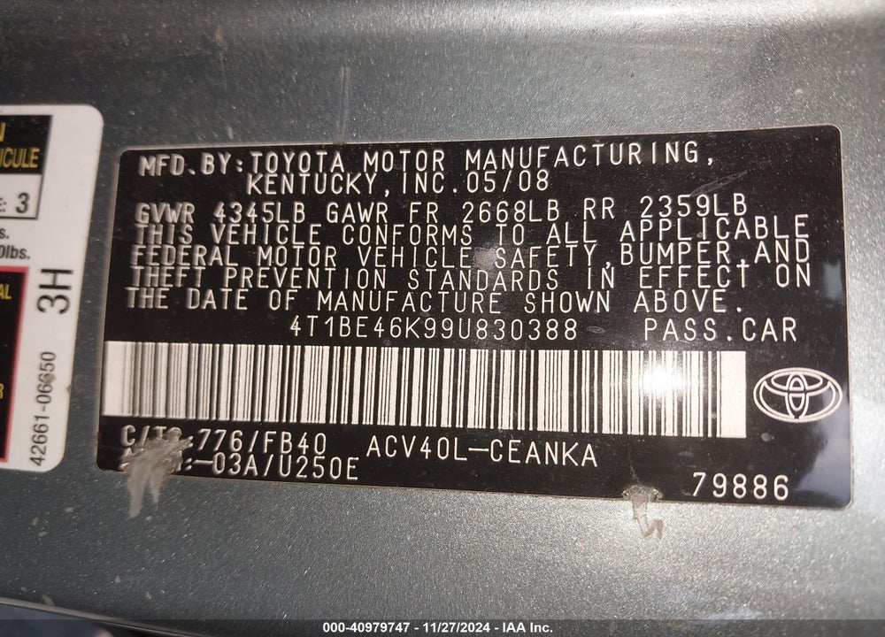 2009 TOYOTA CAMRY LE VIN: 4T1BE46K99U830388