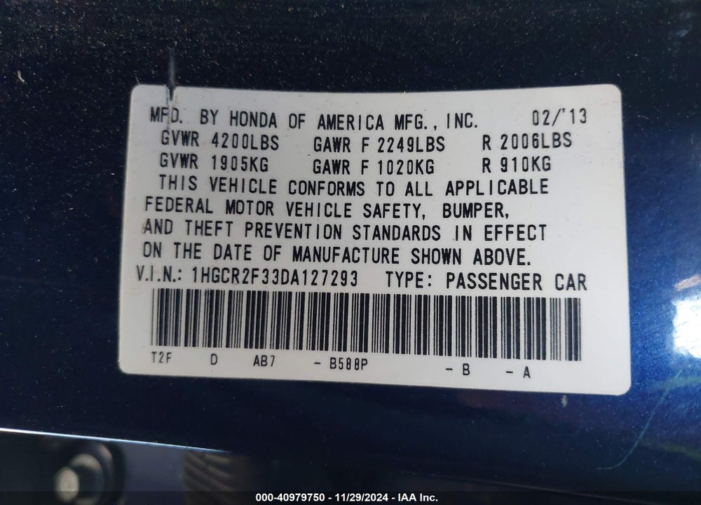 2013 HONDA ACCORD LX VIN: 1HGCR2F33DA127293