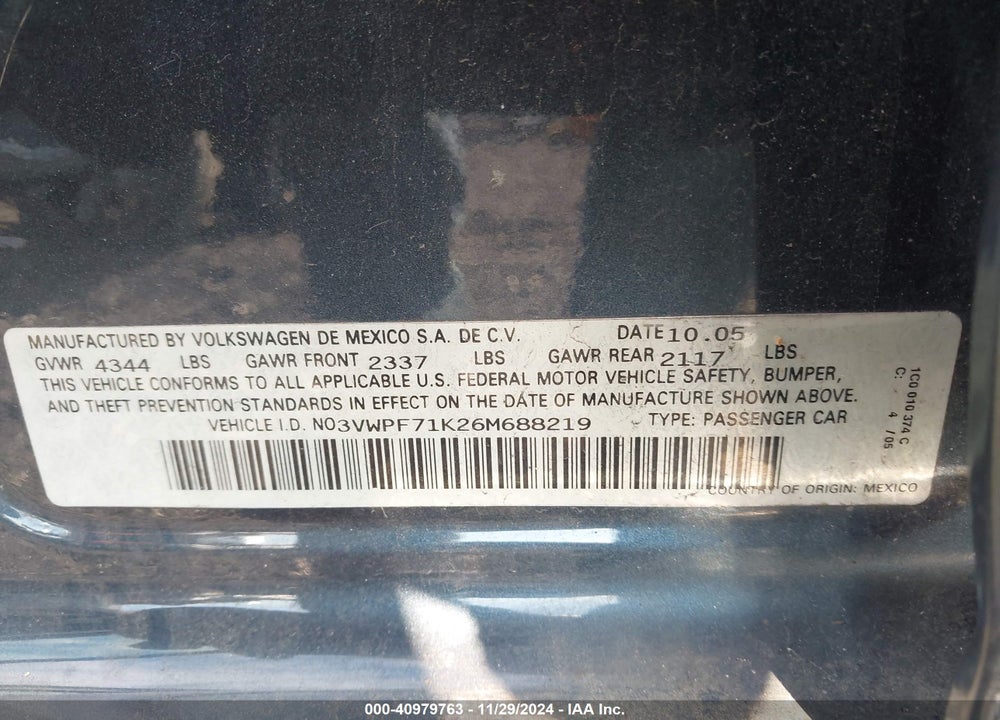 2006 VOLKSWAGEN JETTA VALUE EDITION VIN: 3VWPF71K26M688219