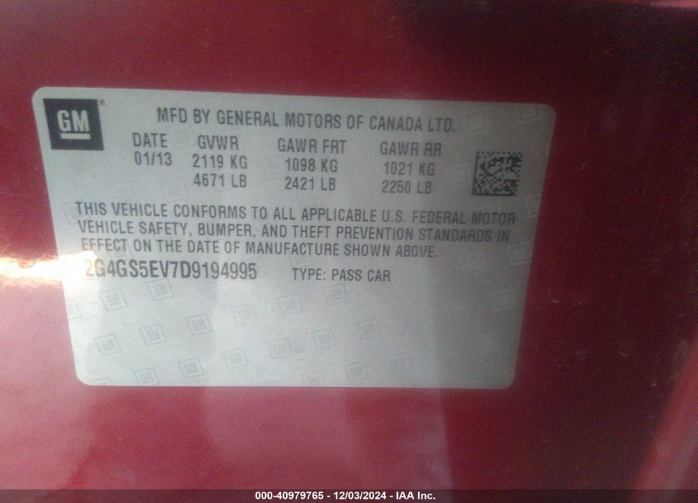 2013 BUICK REGAL TURBO PREMIUM 1 VIN: 2G4GS5EV7D9194995