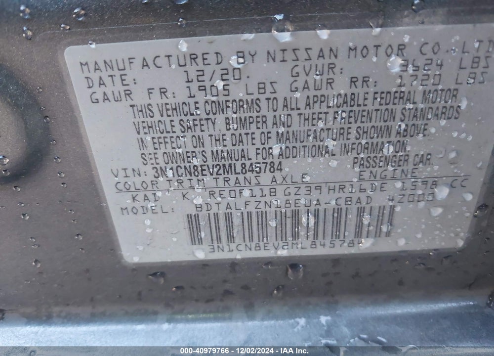 2021 NISSAN VERSA VIN: 3N1CN8EV2ML845784