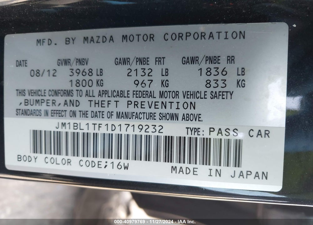 2013 MAZDA 3 I SV VIN: JM1BL1TF1D1719232