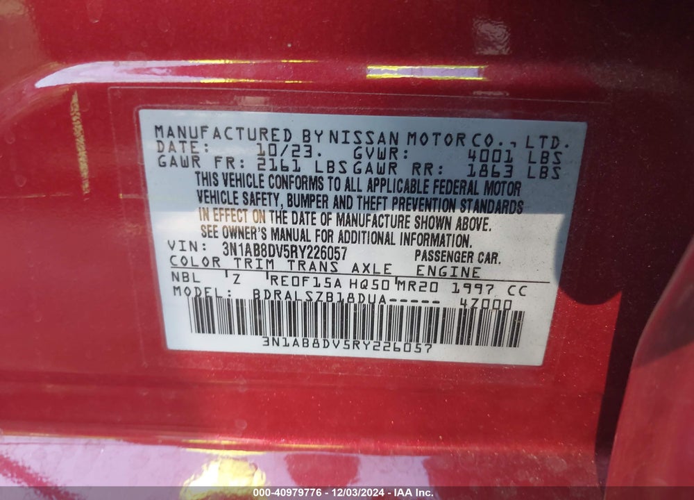 2024 NISSAN SENTRA VIN: 3N1AB8DV5RY226057
