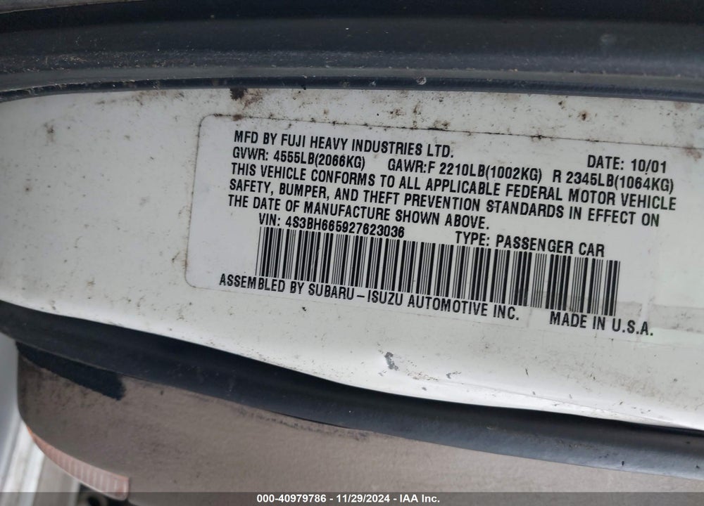 2002 SUBARU OUTBACK VIN: 4S3BH665927623036