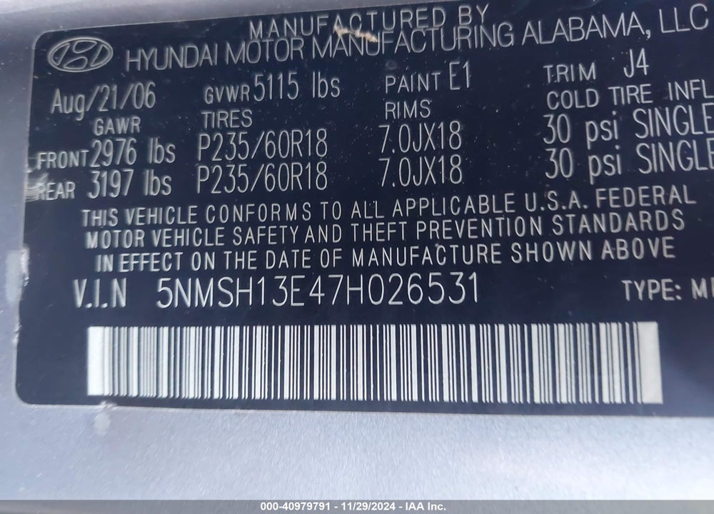 2007 HYUNDAI SANTA FE LIMITED/SE VIN: 5NMSH13E47H026531