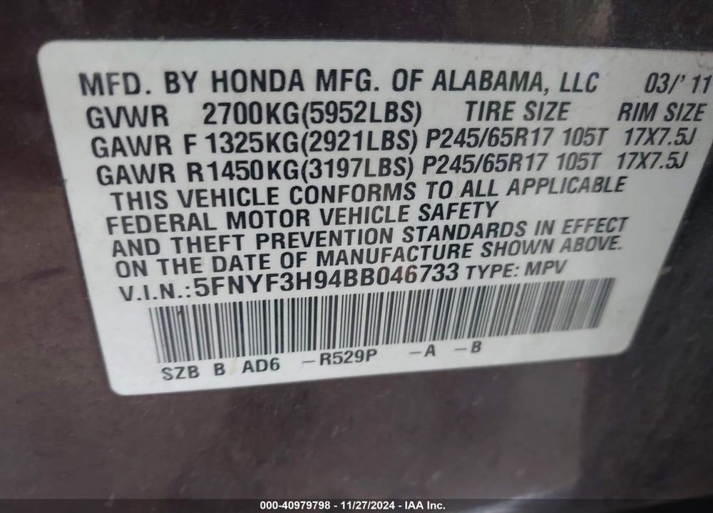 2011 HONDA PILOT TOURING VIN: 5FNYF3H94BB046733