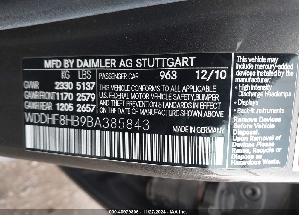 2011 MERCEDES-BENZ E 350 4MATIC VIN: WDDHF8HB9BA385843