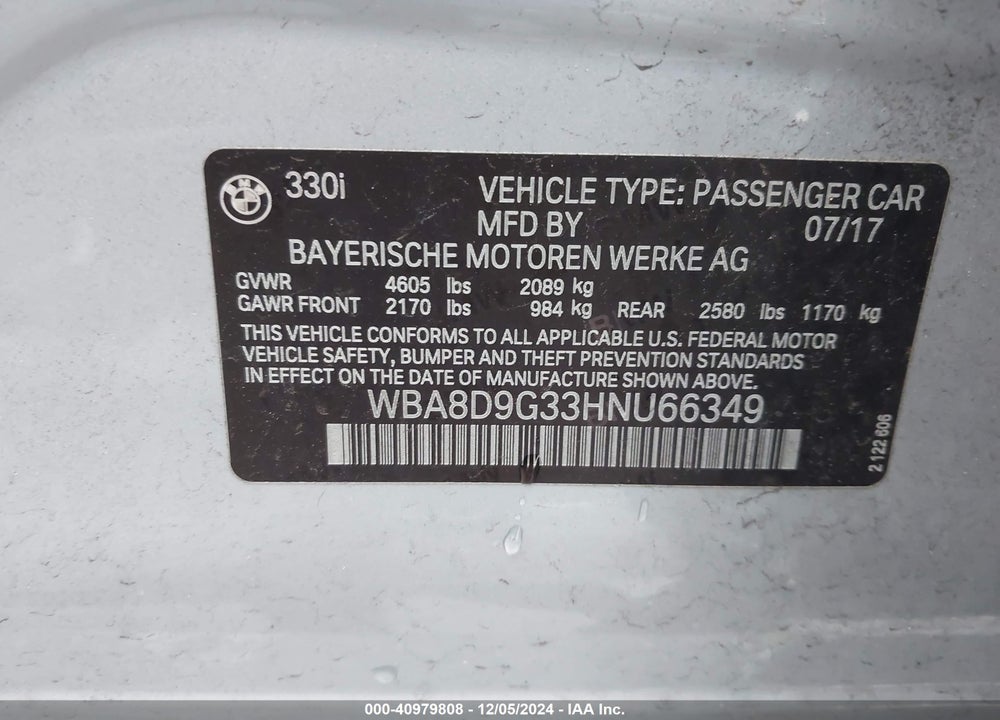 2017 BMW 330I XDRIVE VIN: WBA8D9G33HNU66349