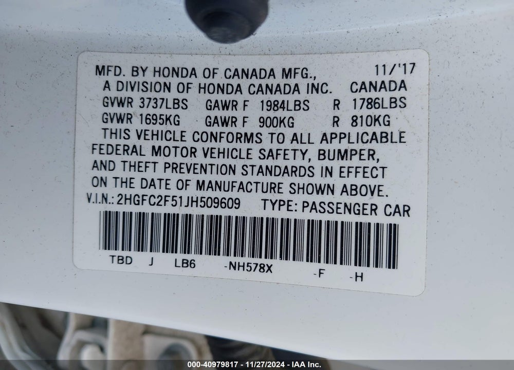 2018 HONDA CIVIC LX VIN: 2HGFC2F51JH509609