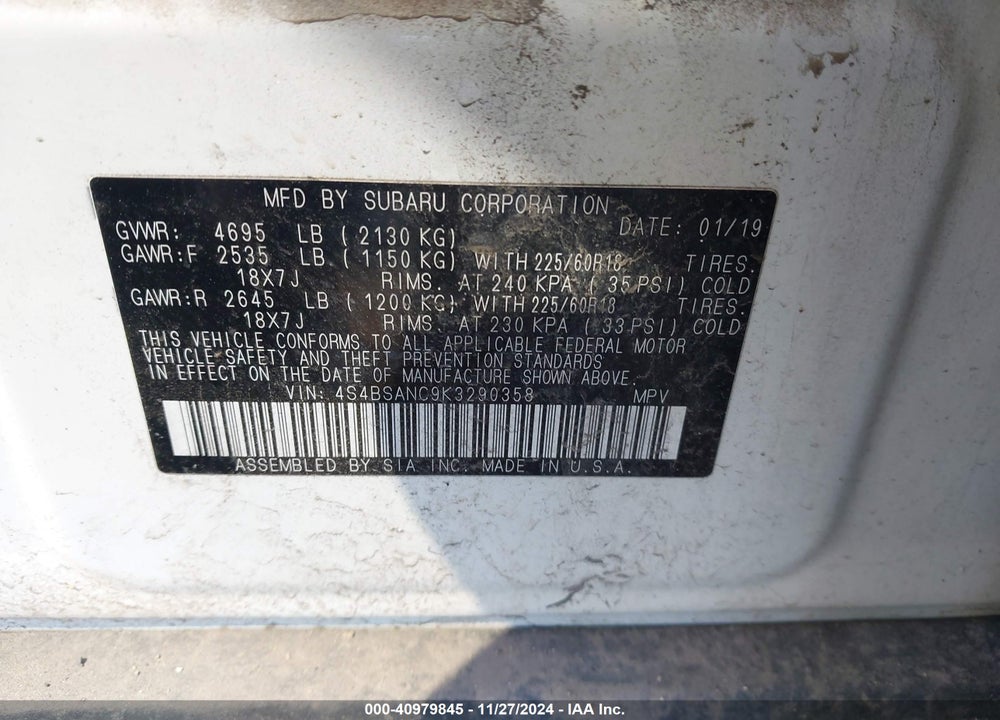 2019 SUBARU OUTBACK 2.5I LIMITED VIN: 4S4BSANC9K3290358