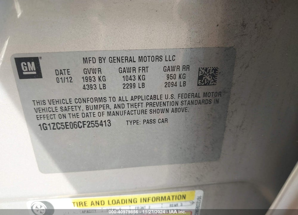 2012 CHEVROLET MALIBU 1LT VIN: 1G1ZC5E06CF255413