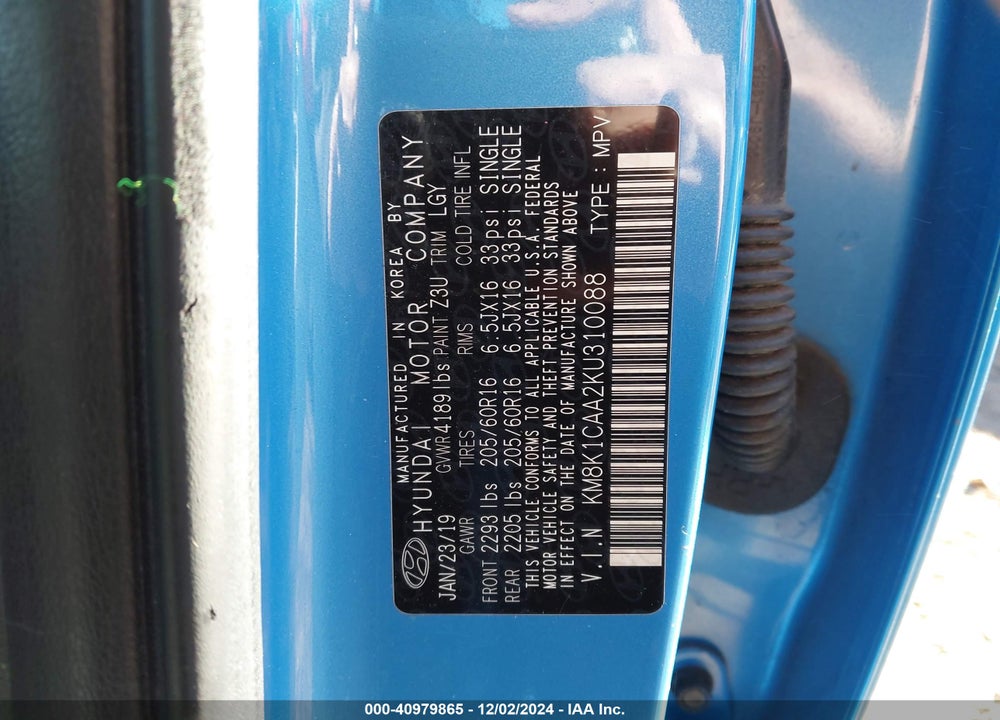 2019 HYUNDAI KONA SE VIN: KM8K1CAA2KU310088