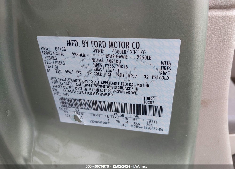 2008 FORD ESCAPE XLT VIN: 1FMCU031X8KD99680