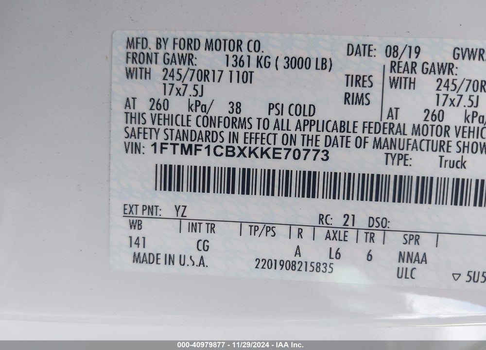 2019 FORD F-150 XL VIN: 1FTMF1CBXKKE70773