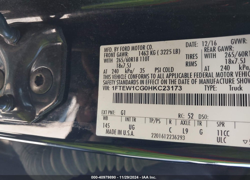 2017 FORD F150 VIN: 1FTEW1CG0HKC23173