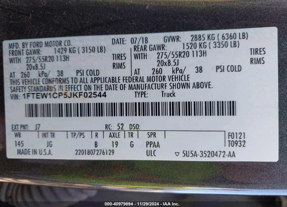 2018 FORD F-150 VIN: 1FTEW1CP5JKF02544