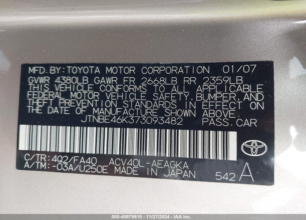 2007 TOYOTA CAMRY VIN: JTNBE46K373093482