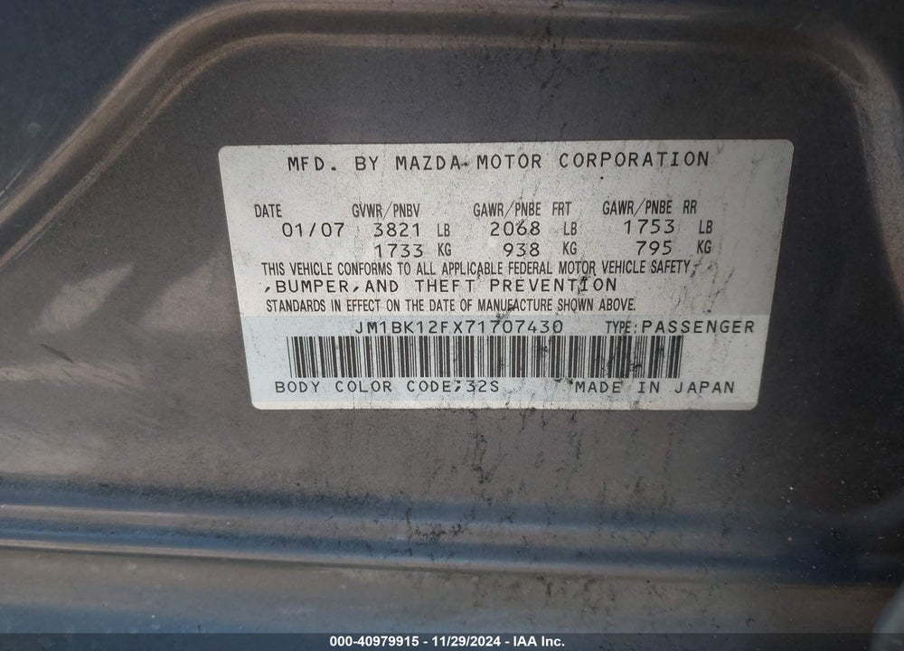 2007 MAZDA 3 I VIN: JM1BK12FX71707430