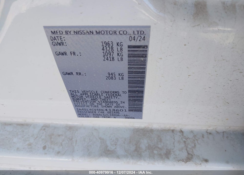 2024 NISSAN ALTIMA SR FWD VIN: 1N4BL4CV4RN418601