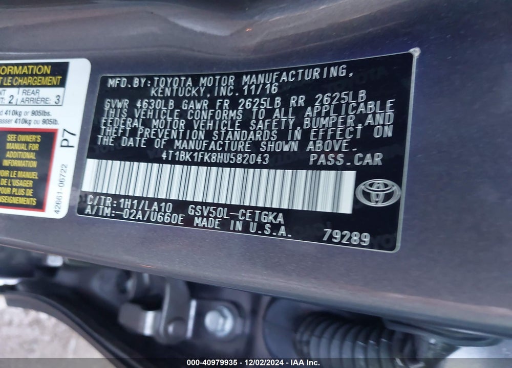 2017 TOYOTA CAMRY XLE V6 VIN: 4T1BK1FK8HU582043