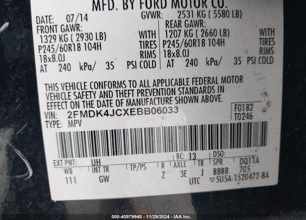 2014 FORD EDGE SEL VIN: 2FMDK4JCXEBB06033