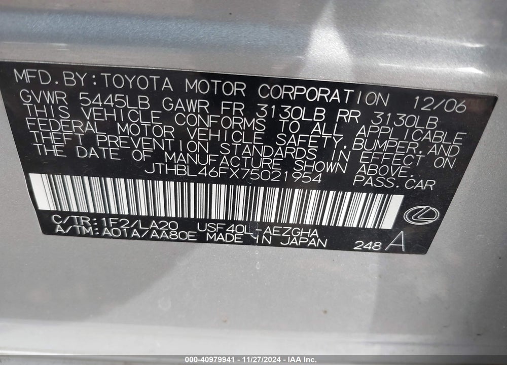 2007 LEXUS LS 460 VIN: JTHBL46FX75021954