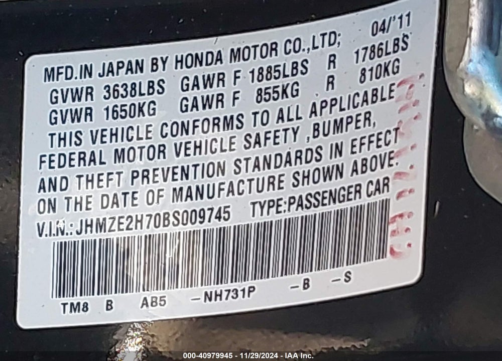 2011 HONDA INSIGHT EX VIN: JHMZE2H70BS009745